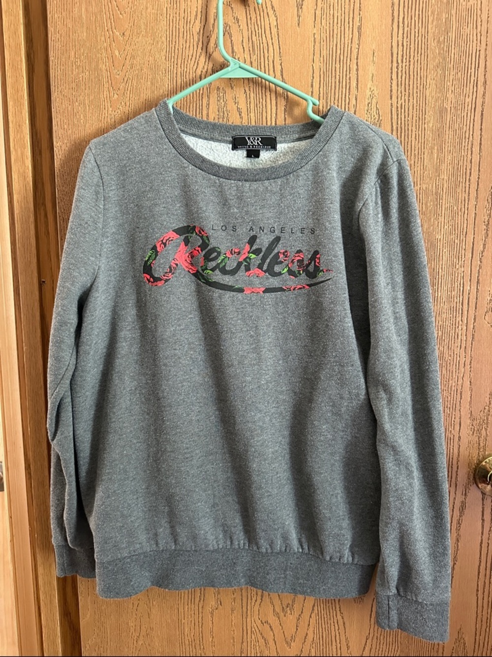 Young & Reckless Gray Crewneck with Pink Floral Logo